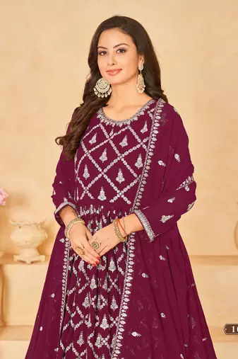 Purple embroidered faux georgette anarkali suit