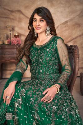 Green embroidered net semi stitched anarkali suit 3
