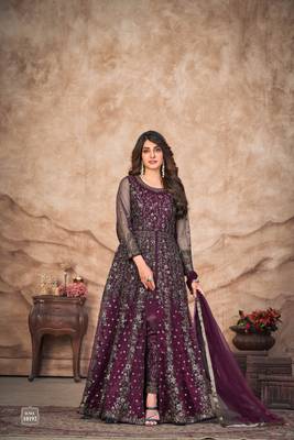 Dark purple embroidered net semi stitched anarkali suit 1