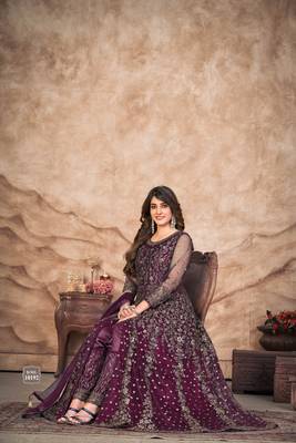 Dark purple embroidered net semi stitched anarkali suit 2