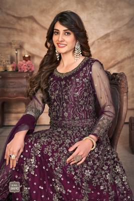 Dark purple embroidered net semi stitched anarkali suit 3