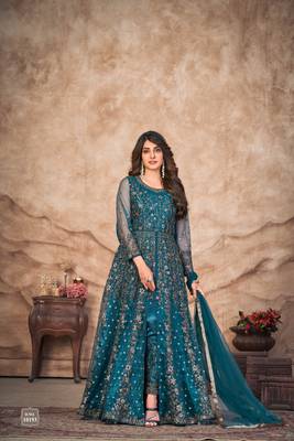 Teal embroidered net semi stitched anarkali suit 1