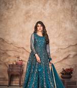 Teal embroidered net semi stitched anarkali suit