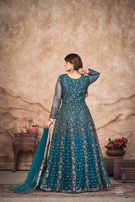 Teal embroidered net semi stitched anarkali suit 2