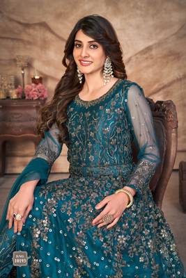 Teal embroidered net semi stitched anarkali suit 3