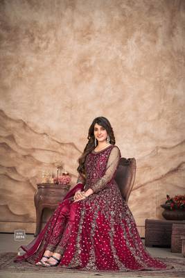 Pink embroidered net semi stitched anarkali suit 2