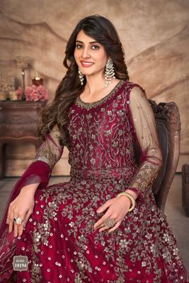 Pink embroidered net semi stitched anarkali suit 3