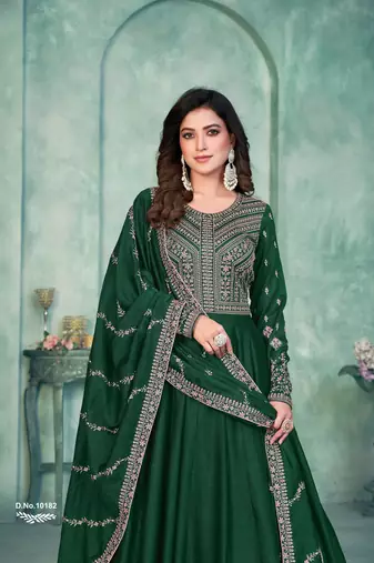 Green embroidered art silk anarkali suit