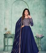 Navy blue embroidered art silk semi stitched anarkali suit