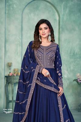 Navy blue embroidered art silk anarkali suit 3