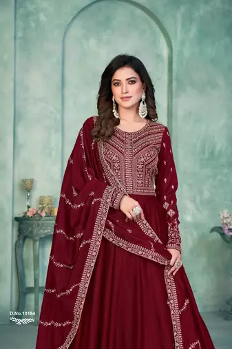 Maroon embroidered art silk anarkali suit