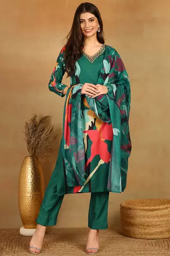 women green silk blend floral printed straight kurta trousers with dupatta