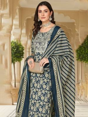 women navy blue rayon blend floral embroidered straight kurta trousers with dupatta 2