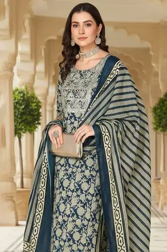 women navy blue rayon blend floral embroidered straight kurta trousers with dupatta