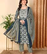 women navy blue rayon blend floral embroidered straight kurta trousers with dupatta