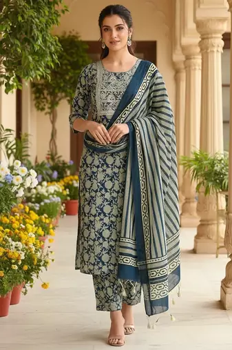 women navy blue rayon blend floral embroidered straight kurta trousers with dupatta