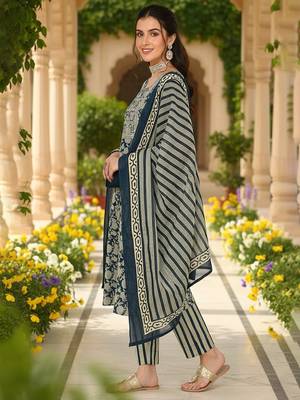 women navy blue rayon blend floral embroidered straight kurta trousers with dupatta 3