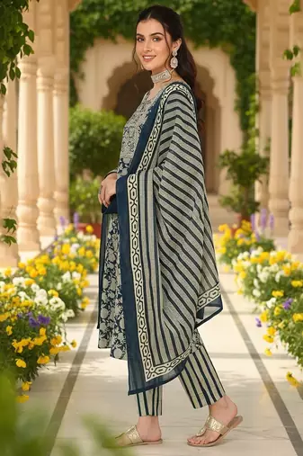 women navy blue rayon blend floral embroidered straight kurta trousers with dupatta