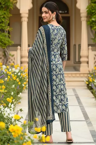 women navy blue rayon blend floral embroidered straight kurta trousers with dupatta