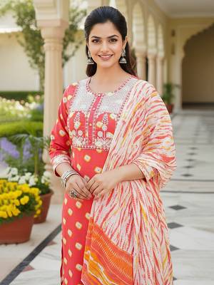 women orange rayon blend bandhani embroidered straight kurta trousers with dupatta 1