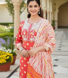 women orange rayon blend bandhani embroidered straight kurta trousers with dupatta