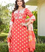 women orange rayon blend bandhani embroidered straight kurta trousers with dupatta