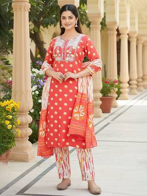 women orange rayon blend bandhani embroidered straight kurta trousers with dupatta 2