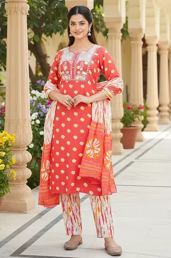 women orange rayon blend bandhani embroidered straight kurta trousers with dupatta