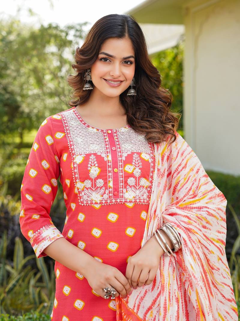 women orange rayon blend bandhani embroidered straight kurta trousers with dupatta