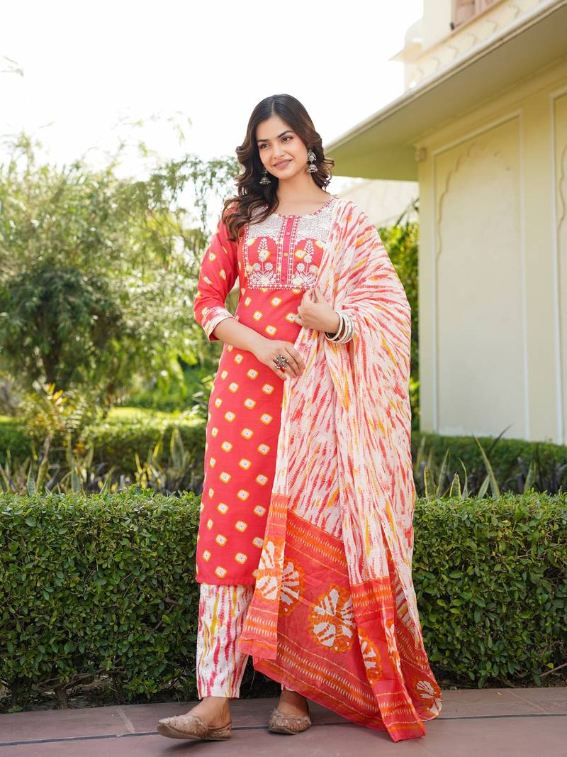 women orange rayon blend bandhani embroidered straight kurta trousers with dupatta