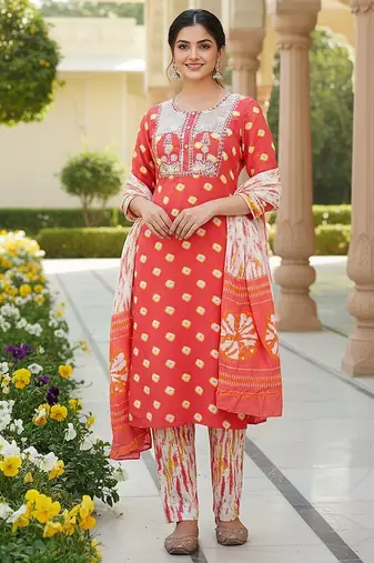women orange rayon blend bandhani embroidered straight kurta trousers with dupatta