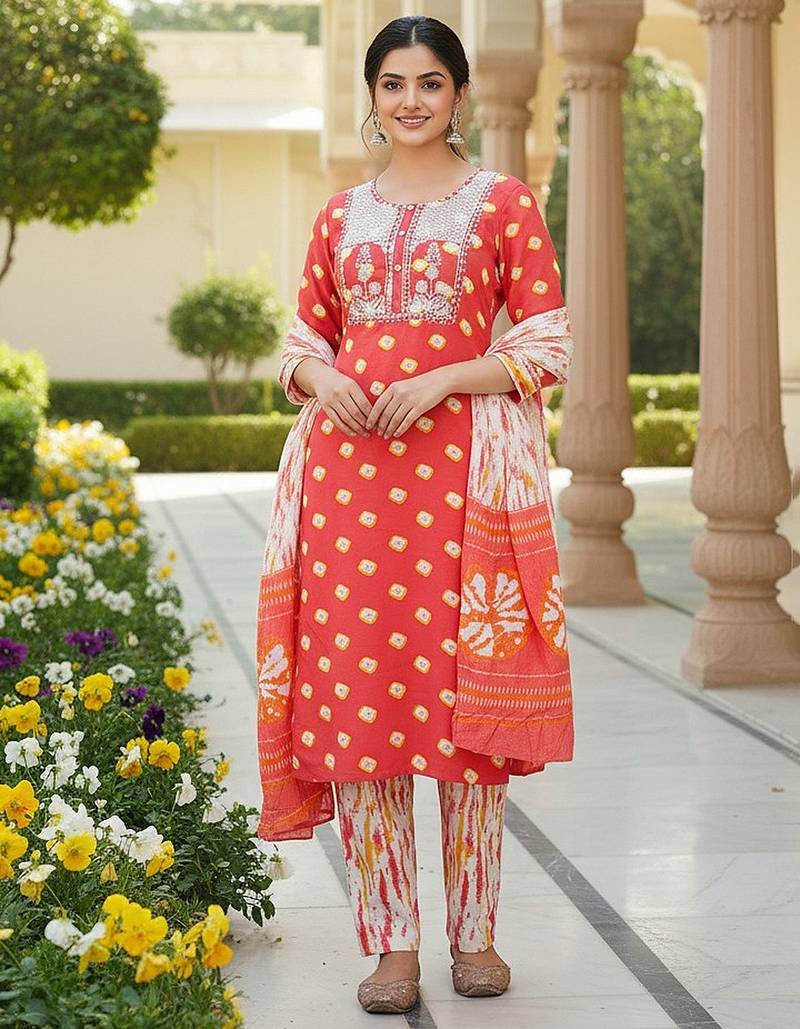 women orange rayon blend bandhani embroidered straight kurta trousers with dupatta