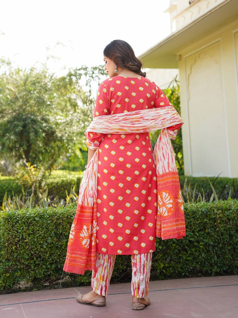 women orange rayon blend bandhani embroidered straight kurta trousers with dupatta