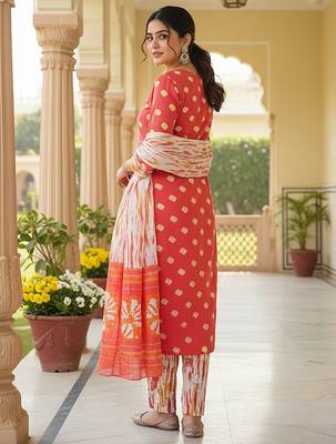 women orange rayon blend bandhani embroidered straight kurta trousers with dupatta 4