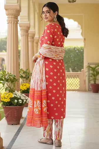 women orange rayon blend bandhani embroidered straight kurta trousers with dupatta