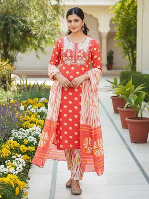 women orange rayon blend bandhani embroidered straight kurta trousers with dupatta 5