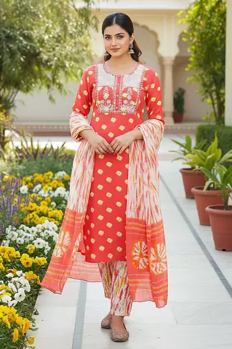 women orange rayon blend bandhani embroidered straight kurta trousers with dupatta
