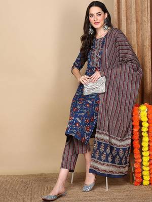 women blue rayon blend floral printed straight kurta trousers with dupatta 1