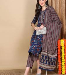 women blue rayon blend floral printed straight kurta trousers with dupatta