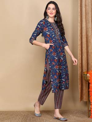 women blue rayon blend floral printed straight kurta trousers with dupatta 5