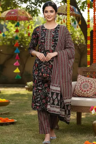 women black rayon blend floral printed straight kurta trousers with dupatta