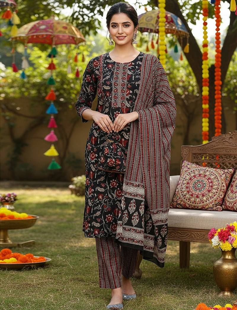 women black rayon blend floral printed straight kurta trousers with dupatta