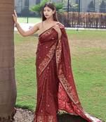 Brown Color Soft silk blend Sarees With Gold Zari Weaving Flower Pennal In Border And Pallu