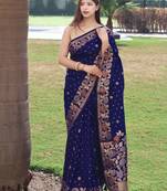 Navy Blue Soft silk blend Sarees With Gold Zari Weaving Flower Pennal In Border And Pallu