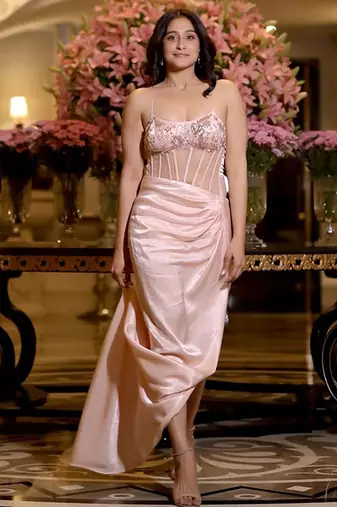Peach embroidered drape corset dress