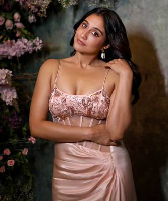 Peach embroidered drape corset dress 2