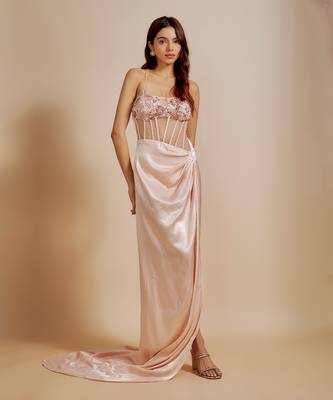 Peach embroidered drape corset dress 3