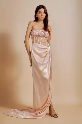 Peach embroidered drape corset dress