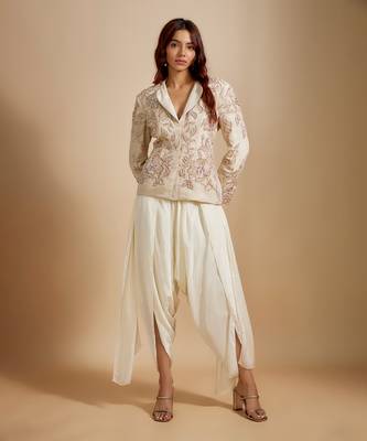 Beige tissue jacket with cream dhoti 1
