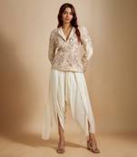 Beige tissue jacket with cream dhoti